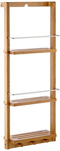 Relaxdays Wall-Mounted Bathroom Rack, with 3 Shelves and 3 Hooks, Bamboo, Includes Rail, Natural Brown