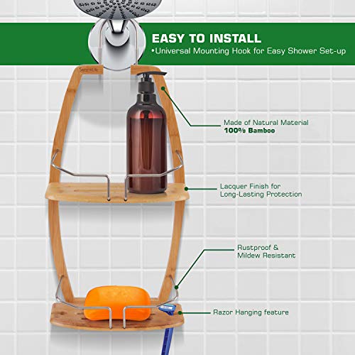 Rustproof bamboo bath caddy - 2 Tier Waterproof and Natural Bamboo Bathroom Wall Organizer with Stainless Steel Shelf Rack for Shampoo, Conditioner and Soap Storage - SereneLife SLSHCD45